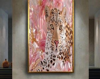 Luxury Leopard Print Wall Art with Pink Crystals and Flowers, Glam Animal Decor for Fashionable Interiors and Feminine Spaces