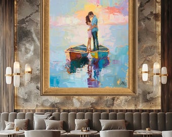 Romantic Couple on Boats Wall Art with Colorful Pastel Sunset, Impressionist Love Canvas Print for Anniversary or Bedroom Decor