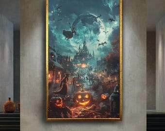Halloween Village Canvas Wall Art with Jack-O'-Lanterns, Flying Witches and Full Moon – Spooky Haunted Town Print for Fall Home Decor