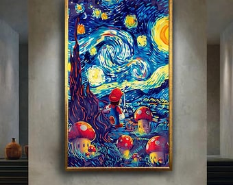Mario Starry Night Wall Art Colorful Video Game Inspired Print  Whimsical Pop Culture Artwork Gamer Room Fantasy Decor