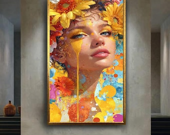Colorful Woman Portrait Canvas Wall Art, Bright Abstract Floral Face Painting Print, Modern Pop Art Girl Wall Decor for Home