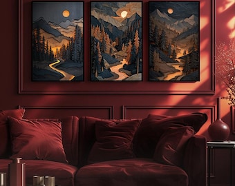 Set of 3 Mountain and Forest Wall Art Prints – Rustic Nature Landscape Triptych for Living Room or Office Decor