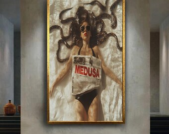 Contemporary Medusa Portrait Wall Art – Bold Woman with Snakes and Newspaper Concept – Mythical Pop Art Canvas for Modern Feminist Decor