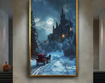 Gothic Winter Castle Wall Art Fantasy Snowy Landscape Canvas Print Horse Carriage Poster for Christmas Decor or Holiday Gift
