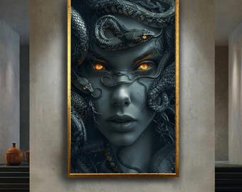 Medusa Gothic Canvas Wall Art – Dark Fantasy Snake-Haired Goddess Portrait with Glowing Eyes – Mythical Greek Decor Print