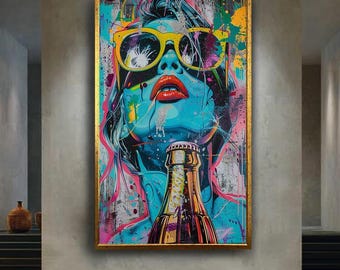 Pop Art Woman Canvas Wall Art with Urban Graffiti Style and Color Splash – Bold Modern Street Art Print for Home or Studio Decor