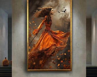 Mystical Halloween Witch Wall Art Print in Orange Dress with Autumn Leaves and Flying Bats Fantasy Gothic Home Decor Artwork