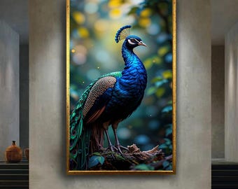 Elegant Peacock Bird Wall Art Print | Colorful Jungle Nature Animal Canvas | Exotic Wildlife Artwork for Living Room or Office