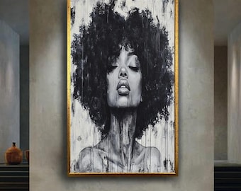 Black and White Woman Portrait Canvas Wall Art, Modern Abstract Drip Painting Style Artwork for Home Decor and Art Lovers