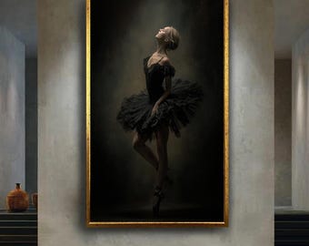 Dark Elegant Ballerina Wall Art Print, Graceful Black Tutu Ballet Dancer Poster for Dance Lovers and Studio Interior Decor