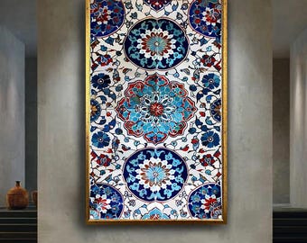 Islamic Tile Pattern Canvas Wall Art, Traditional Ottoman Iznik Design Print, Oriental Turkish Decor for Living Room or Prayer Space