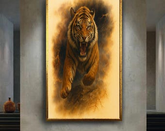 Roaring Tiger Canvas Wall Art, Powerful Predator Wildlife Print, Bold Jungle Animal Artwork for Modern Home or Office Decor
