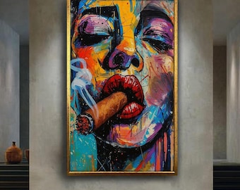 Bold Woman with Cigar Abstract Pop Art Print | Colorful Graffiti Style Urban Wall Canvas | Modern Street Art Portrait for Edgy Decor