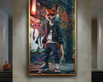 Cool Fox Streetwear Canvas Wall Art – Urban Anthropomorphic Animal Print with Graffiti – Hip Hop Style Fox Poster for Modern Decor