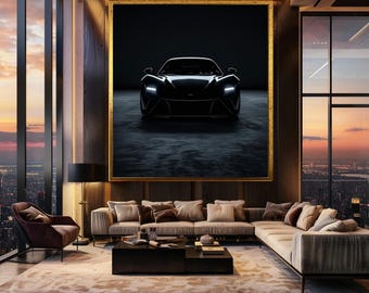 Black Supercar Front View Wall Art with Dark Background and LED Headlights, Luxury Automotive Canvas Print for Car Lovers Decor