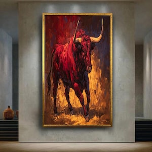 fiery red bull painting spanish style bold wall art rustic animal canvas print powerful bullfighter home decor gift for him