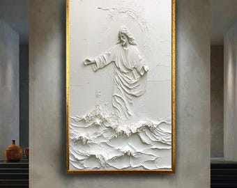 Jesus Walking on Water Wall Art Print, Minimalist Christian Digital Poster, White 3D Religious Artwork, Spiritual Faith Decor