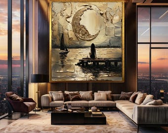 Golden Moonlight Canvas Wall Art – Palette Knife Print of Woman on Pier with Sailboat and Metallic Moon Over Water