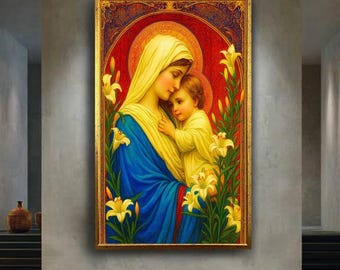 Virgin Mary and Child Religious Canvas Wall Art, Sacred Christian Icon Print with Lilies, Catholic Spiritual Artwork for Home Decor