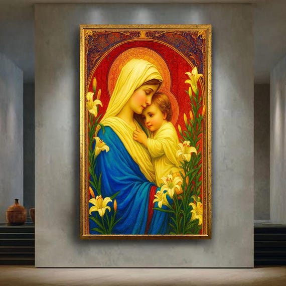 聖母マリアと聖子の宗教的なキャンバス壁アート、ユリの花をあしらった