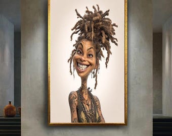 Smiling Dreadlock Woman Caricature Canvas Wall Art – Fun Tattooed Portrait Illustration for Unique and Playful Home Decor