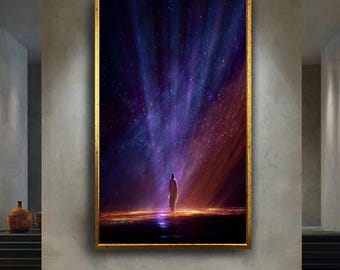 Celestial Jesus Canvas Print – Spiritual Christian Wall Art with Purple and Gold Light Rays for Prayer Room, Faith Gift or Modern Home Decor