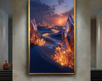 Fantasy Crystal Landscape Canvas Wall Art with Glowing Path and Sunset, Mystical Gemstone World Print for Magical Home Decor