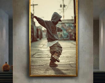 Urban Breakdance Kid Canvas Wall Art – Street Style Hip Hop Dance Scene with Graffiti Alley Background for Cool Room Decor