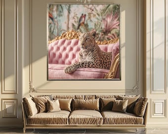 Luxury Leopard Canvas Wall Art with Vintage Pink Sofa and Tropical Jungle Birds – Exotic Animal Print for Eclectic Home Decor