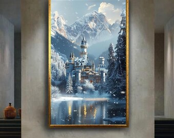 Winter Fairy Tale Castle Wall Art Snowy Mountain Canvas Print Bavarian Landscape Poster for Christmas or Alpine Home Decor Gift