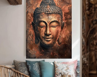 Rustic Copper Buddha Canvas Wall Art – Earthy Zen Decor for Meditation Room, Textured Spiritual Artwork with Serene Buddha Face