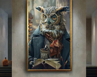 Intellectual Owl Canvas Wall Art – Whimsical Autumn Animal Portrait with Glasses and Book – Cozy Academic Decor for Library or Study
