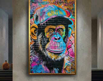 Graffiti Monkey Canvas Wall Art, Colorful Urban Street Art Print, Hip Hop Inspired Pop Art Decor for Game Room or Modern Space