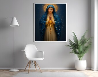 Virgin Mary Praying With Rosary Canvas Christian Art Holy Mother Spiritual Wall Decor Religious Poster For Prayer Room And Faith Space