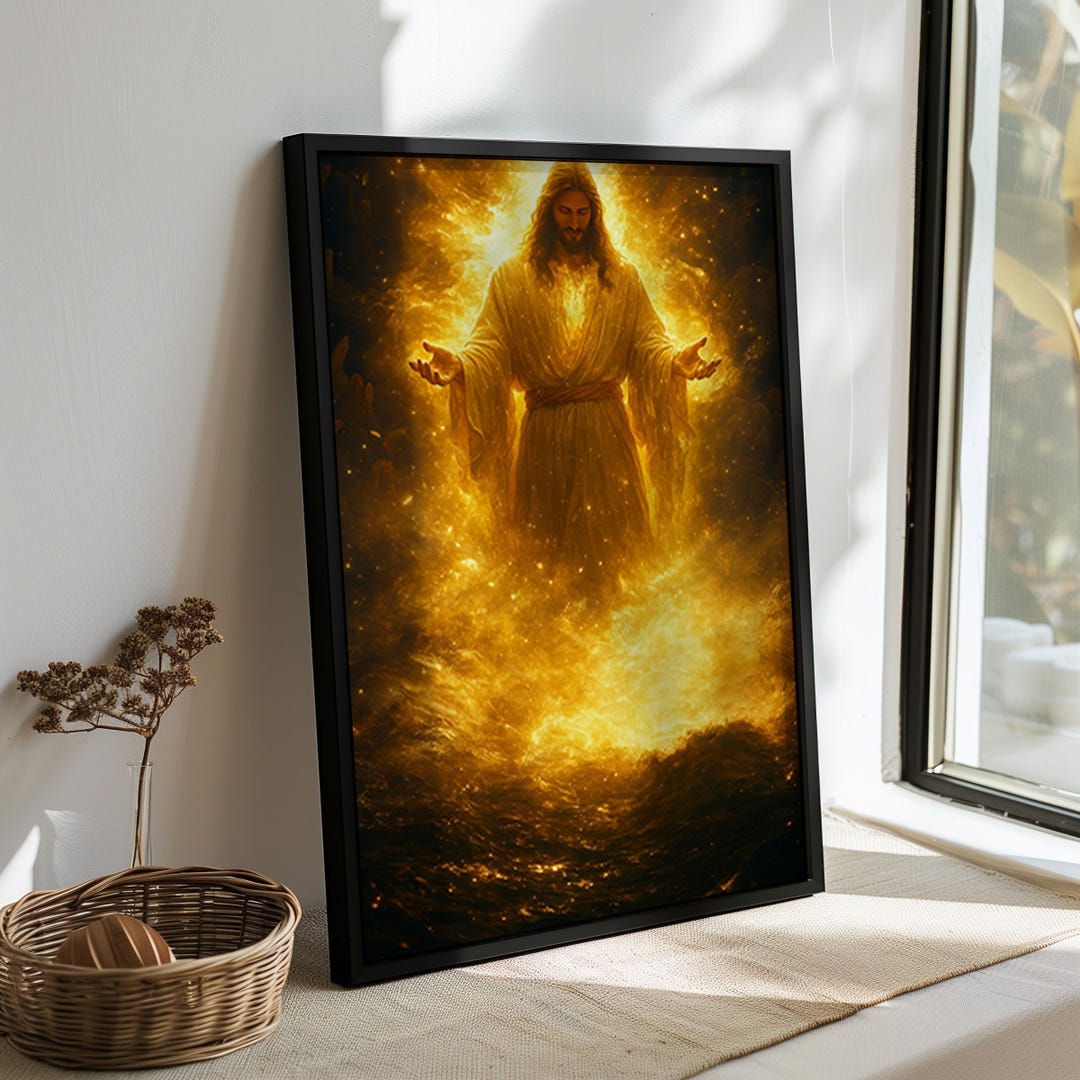 Jesus Glowing in Divine Fire Canvas Art Radiant Light Savior Poster ...
