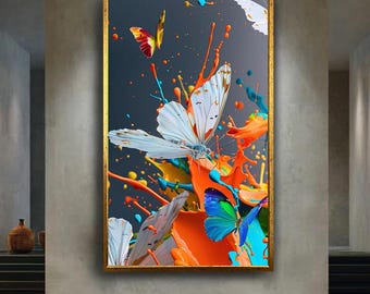 Color Splash Butterfly Canvas Wall Art – Vibrant Modern Abstract Painting with Bright Paint and Flying Butterflies for Bold Home Decor
