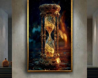 Elegant Gold Hourglass Canvas Wall Art with Glittering Sand, Luxury Time Symbol Print for Office or Home Decor, Fantasy Style Artwork
