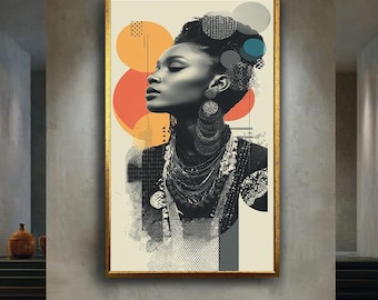 Afrocentric Wall Art Print, Bold Black Woman Portrait with Tribal Jewelry and Geometric Abstract Background for Modern Decor