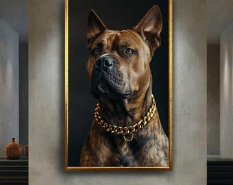 Luxury Pitbull Canvas Wall Art Print | Strong Dog Portrait with Gold Chain for Modern Urban Decor | Bold Pet Lover Home Artwork