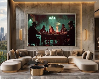 Mafia Gang Meeting Canvas Print, Dark Gangster Wall Art, Vintage Crime Scene Decor, Noir Mob Boss Artwork