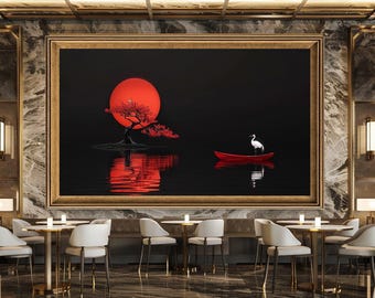 Japanese Minimalist Red Moon Wall Art, Zen Tree and Crane Canvas Print, Oriental Nature Poster for Calm and Modern Decor