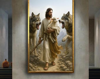 Jesus Protecting Lamb From Wolves Christian Digital Art Print Faith Courage Wall Poster Spiritual Savior Artwork Religious Home Decor