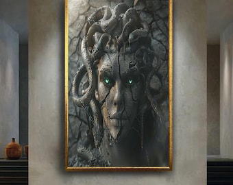 Medusa Dark Fantasy Canvas Wall Art – Mythical Snake-Haired Goddess with Cracked Stone Face and Green Eyes – Gothic Myth Print