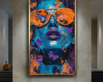 Pop Art Woman Canvas Wall Art Vibrant Abstract Portrait with Butterflies Color Splash Print for Modern Home Decor or Bold Gift Idea