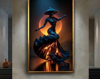 Futuristic Polygon Woman Art Print, Geometric Cyber Asian Dancer with Neon Glow and Sunset Background for Modern Wall Decor