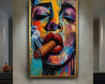 Bold Woman with Cigar Abstract Pop Art Print | Colorful Graffiti Style Urban Wall Canvas | Modern Street Art Portrait for Edgy Decor