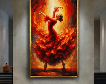 Flamenco Dancer In Red Dress Canvas Print Passionate Dance Wall Art Fire Motion Style Modern Impressionist Poster For Home Decor