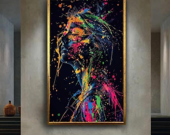Neon Paint Splash Woman Canvas Wall Art – Vibrant Abstract Side Profile Portrait, Colorful Modern Art Print for Contemporary Decor