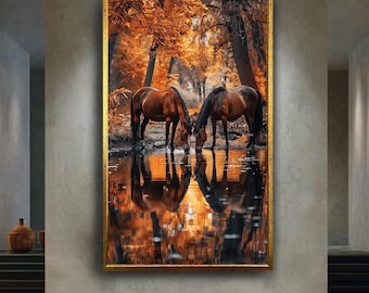 Autumn Horses Canvas Wall Art with Reflections in Forest Pond – Peaceful Rustic Nature Print for Country, Farmhouse or Animal Decor