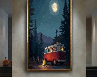 Moonlit Forest Camper Van Wall Art – Cozy Campfire Night with Red Van Life Print – Nature Lover Boho Canvas for Adventure Decor